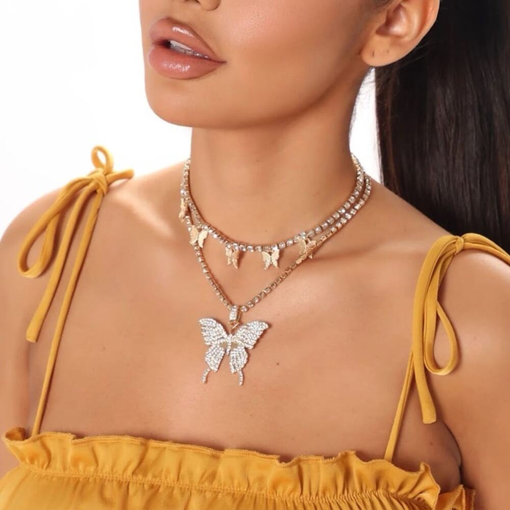 Fashion Nova Gold Butterfly Layered Necklace Set